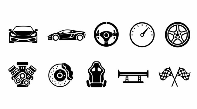 Racing car parts and automotive performance icons