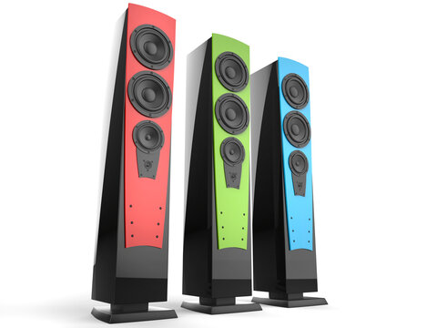 Red, green and blue high tower music speakers