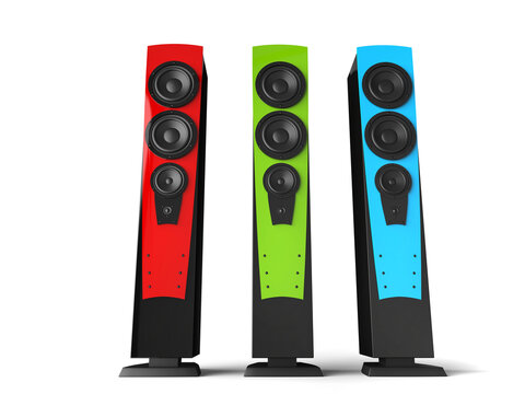 Red, green and blue high tower music speakers - front view