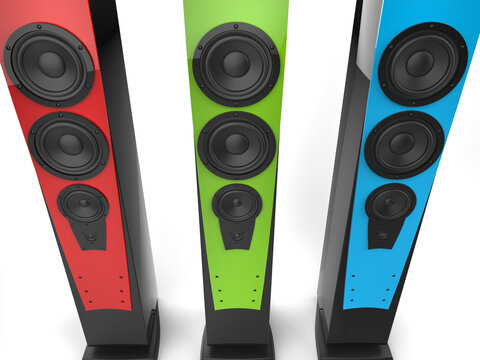 Red, green and blue high tower music speakers - close up