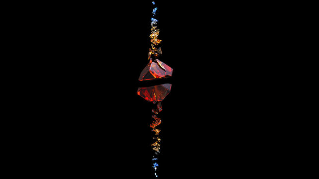 Shattered crystals changing colors and floating in space
