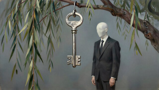 A key hangs from a tree branch beside a faceless man in a suit.