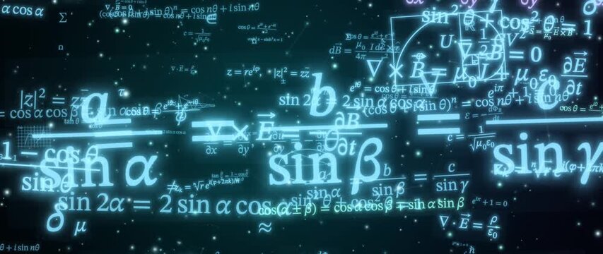 Cyan glowing trigonometry equations and physics formulas drift diagonally through a dark starry space, math background