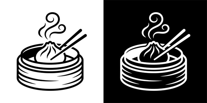 Minimalist vector icon of a steaming Chinese dumpling in a bamboo steamer basket.