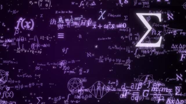 Violet glowing quantum physics equations with a large sigma symbol drift sideways across a starry purple space, science background