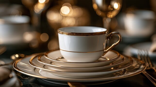 Premium hospitality and sophisticated cafe service concept close up focus on selective focus copy space five star elegance theme ethereal Multilayer gilded porcelain setting backdrop. 