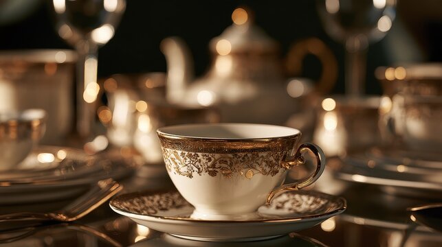 Premium hospitality and sophisticated cafe service concept close up focus on selective focus copy space five star elegance theme ethereal Multilayer gilded porcelain setting backdrop. 