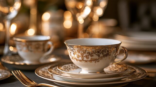 Premium hospitality and sophisticated cafe service concept close up focus on selective focus copy space five star elegance theme ethereal Multilayer gilded porcelain setting backdrop. 