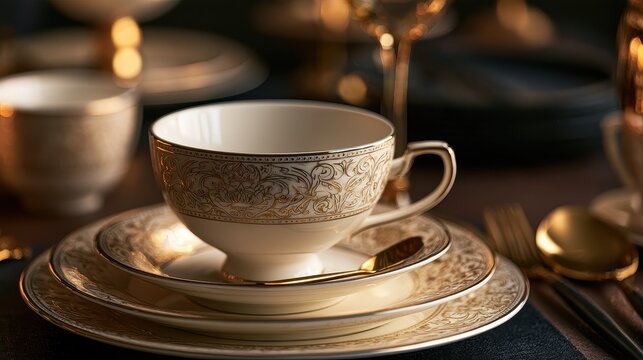 Premium hospitality and sophisticated cafe service concept close up focus on selective focus copy space five star elegance theme ethereal Multilayer gilded porcelain setting backdrop. 