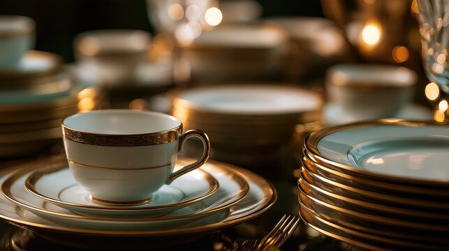 Premium hospitality and sophisticated cafe service concept close up focus on selective focus copy space five star elegance theme ethereal Multilayer gilded porcelain setting backdrop. 