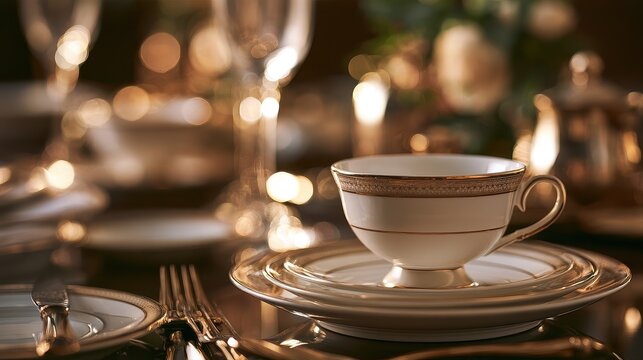 Premium hospitality and sophisticated cafe service concept close up focus on selective focus copy space five star elegance theme ethereal Multilayer gilded porcelain setting backdrop. 
