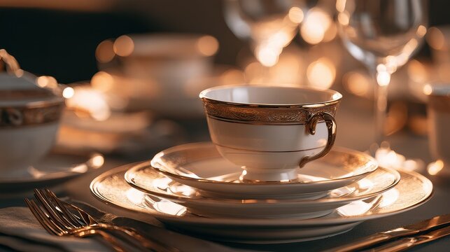 Premium hospitality and sophisticated cafe service concept close up focus on selective focus copy space five star elegance theme ethereal Multilayer gilded porcelain setting backdrop. 