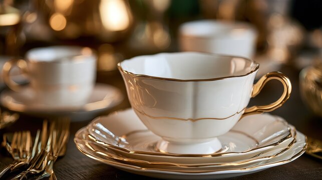 Premium hospitality and sophisticated cafe service concept close up focus on selective focus copy space five star elegance theme ethereal Multilayer gilded porcelain setting backdrop. 