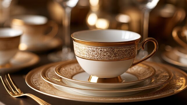 Premium hospitality and sophisticated cafe service concept close up focus on selective focus copy space five star elegance theme ethereal Multilayer gilded porcelain setting backdrop. 