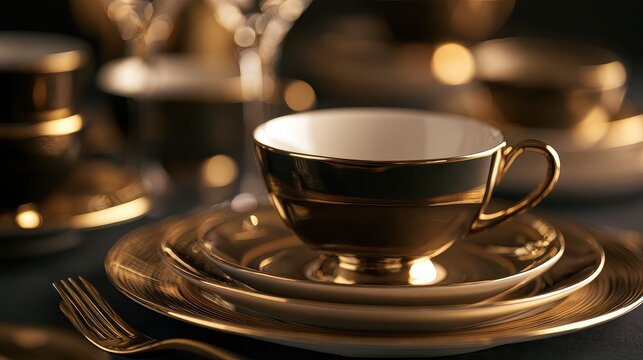 Premium hospitality and sophisticated cafe service concept close up focus on selective focus copy space five star elegance theme ethereal Multilayer gilded porcelain setting backdrop. 