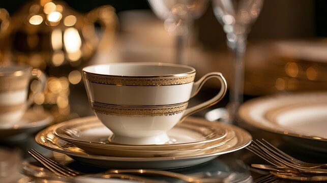 Premium hospitality and sophisticated cafe service concept close up focus on selective focus copy space five star elegance theme ethereal Multilayer gilded porcelain setting backdrop. 