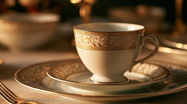 Premium hospitality and sophisticated cafe service concept close up focus on selective focus copy space five star elegance theme ethereal Multilayer gilded porcelain setting backdrop. 