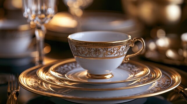 Premium hospitality and sophisticated cafe service concept close up focus on selective focus copy space five star elegance theme ethereal Multilayer gilded porcelain setting backdrop. 