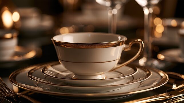Premium hospitality and sophisticated cafe service concept close up focus on selective focus copy space five star elegance theme ethereal Multilayer gilded porcelain setting backdrop. 
