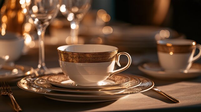 Premium hospitality and sophisticated cafe service concept close up focus on selective focus copy space five star elegance theme ethereal Multilayer gilded porcelain setting backdrop. 