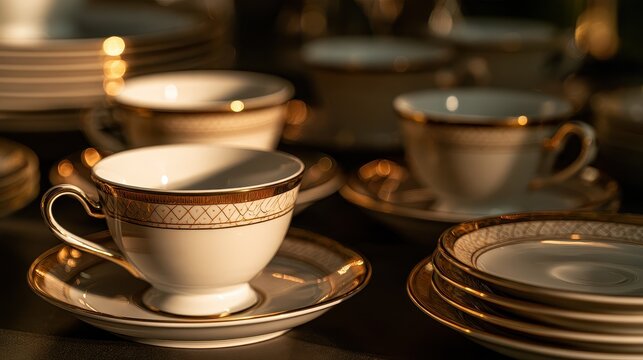 Premium hospitality and sophisticated cafe service concept close up focus on selective focus copy space five star elegance theme ethereal Multilayer gilded porcelain setting backdrop. 