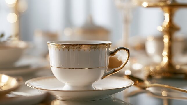 Premium hospitality and sophisticated cafe service concept close up focus on selective focus copy space five star elegance theme ethereal Multilayer gilded porcelain setting backdrop. 