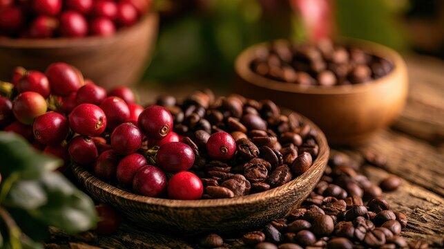 Sustainable coffee farming and ethical sourcing concept close up focus on selective focus copy space organic origins theme whimsical Fusion rustic wooden table backdrop. 