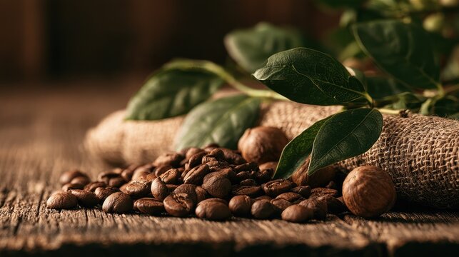 Sustainable coffee farming and ethical sourcing concept close up focus on selective focus copy space organic origins theme whimsical Fusion rustic wooden table backdrop. 