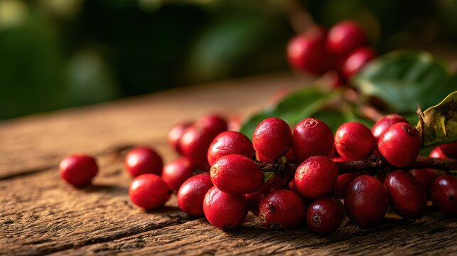 Sustainable coffee farming and ethical sourcing concept close up focus on selective focus copy space organic origins theme whimsical Fusion rustic wooden table backdrop. 