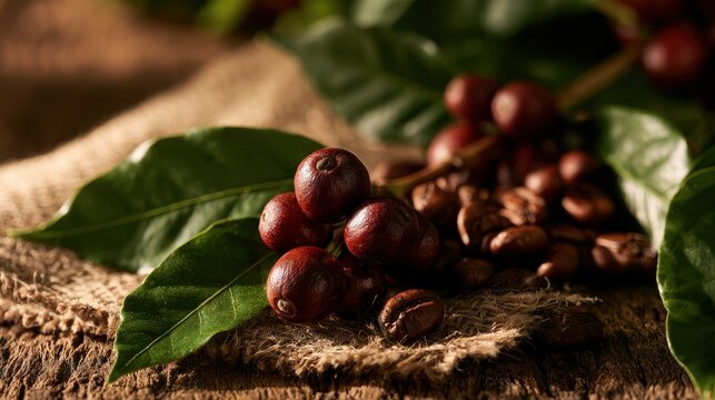 Sustainable coffee farming and ethical sourcing concept close up focus on selective focus copy space organic origins theme whimsical Fusion rustic wooden table backdrop. 