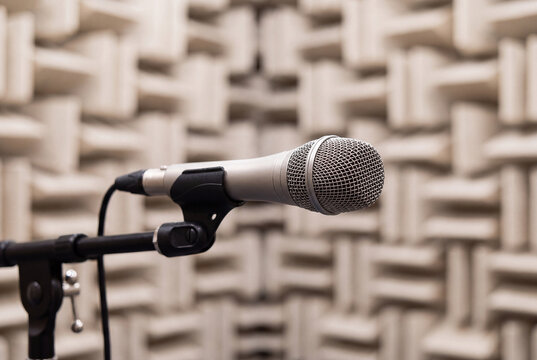 A silver studio microphone on a black stand inside an anechoic chamber with acoustic foam walls.