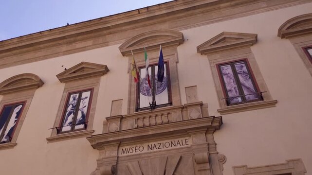 Low Angle View Of Museo Nazionale Regional Archaeological Museum Facade In Palermo Sicily Italy
