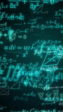 Neon cyan calculus integrals and electromagnetism equations fly past in dense layers on a dark background, math animation