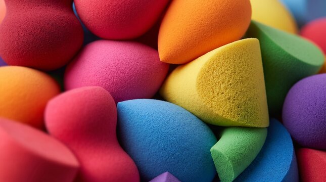Macro view of stacked rainbow makeup sponges highlighting detailed porous textures, saturated colors and vibrant minimalist cosmetic aesthetics.