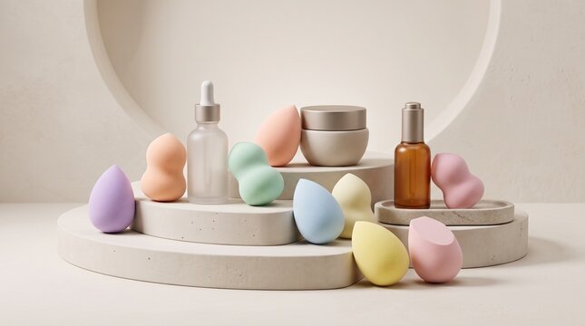 Pastel multicolor makeup sponges arranged with elegant cosmetic elements in a soft vibrant minimalist studio setting.