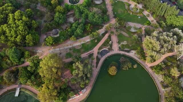 Aerial Drone Footage with Top-Down Bird's-Eye View of Park Lake, Pathways, and Pedestrian Bridge in Benalmadena, Costa del Sol, Spain