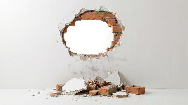 A large gaping hole through a white plastered brick wall revealing red masonry blocks underneath with broken plaster debris scattered on the floor below the structural damage