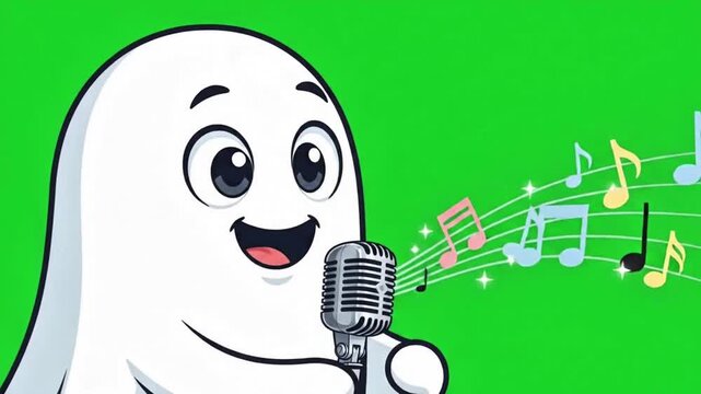 Cute cartoon ghost singing with a retro microphone on green screen background