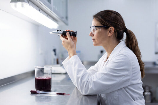 A female enologist in safety glasses uses a handheld refractometer to check wine must in a laboratory.