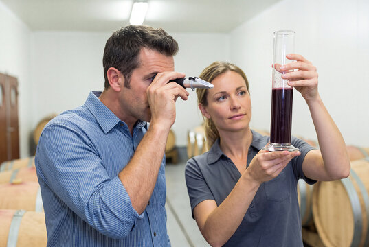 A male winemaker uses a handheld refractometer to check the sugar level of red grape juice held by a female colleague in a wine cellar.