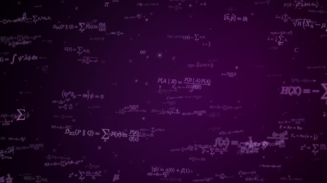Purple probability and statistics formulas with variance and entropy equations drift diagonally across a dark violet background