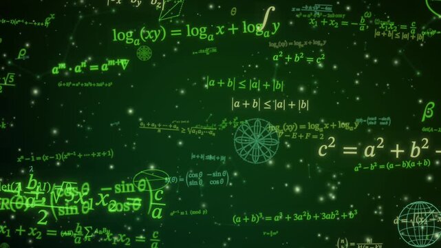 Neon green algebra, logarithm and trigonometry equations drift sideways through a dark green starry space, math education background