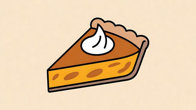 Slice of pumpkin pie with whipped cream on a on a light background, drawing, hand drawn illustration, flat style 