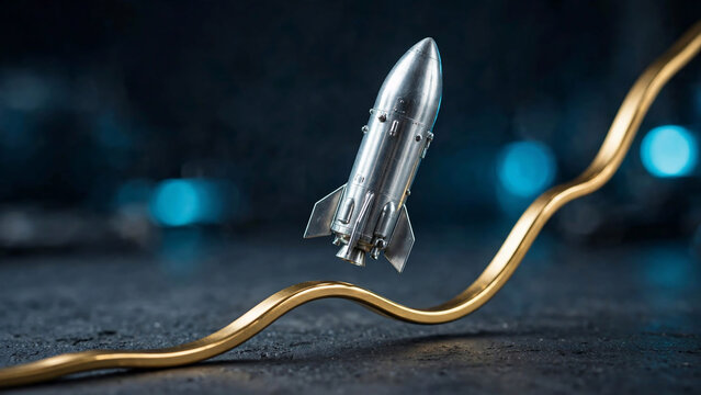 Silver rocket model launching upwards on a rising golden line over dark texture, ideal for business growth, startup launch and investment ads