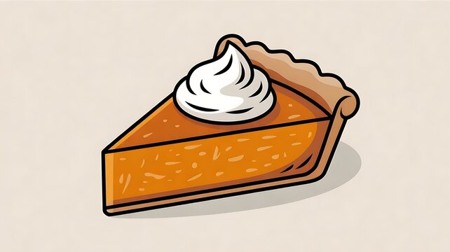 Slice of pumpkin pie with whipped cream on a on a light background, drawing, hand drawn illustration, flat style 