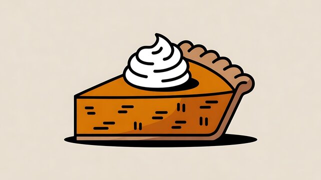 Slice of pumpkin pie with whipped cream on a on a light background, drawing, hand drawn illustration, flat style 