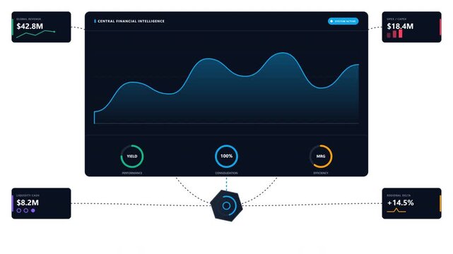 Dark-themed corporate financial reporting dashboard consolidating global revenue, opex, liquidity, and regional data into a centralized intelligence node.