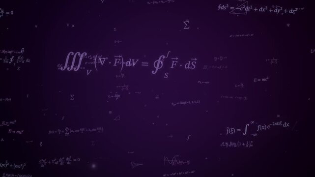 Faint violet relativity and cosmology equations drift through a dark purple space, minimal astrophysics background