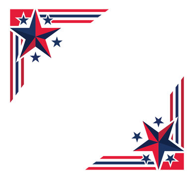 patriotic American flag corner borders. Geometric and ribbon styles with red and blue stars and stripes for USA holiday design templates.