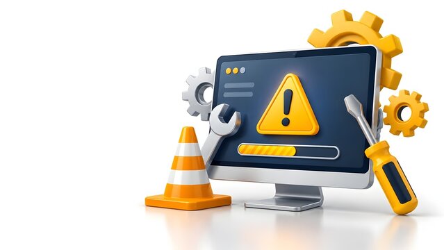 Website maintenance concept with computer monitor warning sign construction cone gears and repair tools representing technical support and troubleshooting